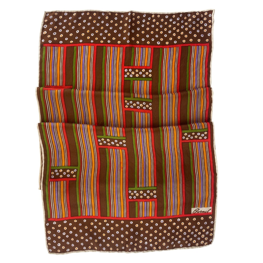 Vintage BURMEL Rectangle 13x46 Neck Scarf Mod Silk‎ Graphic 60s Brown Stripe Dot - Picture 4 of 7